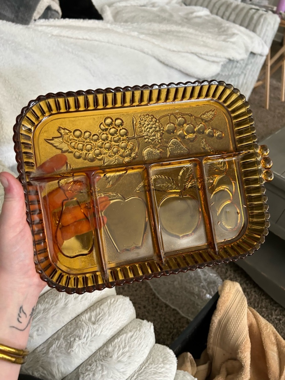 Amber Glass Divided Serving Tray with Fruit Motif